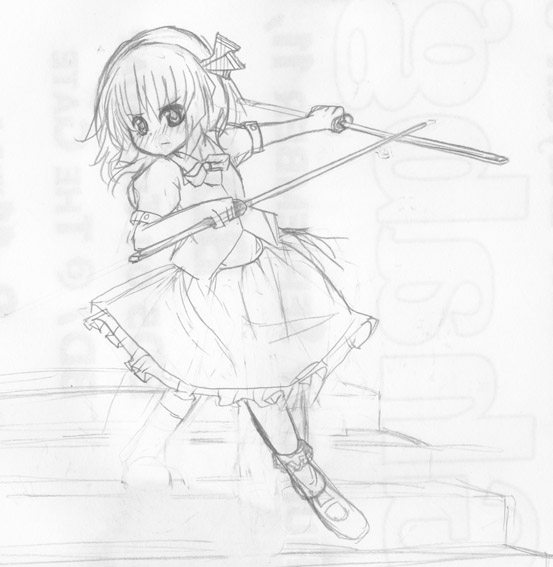 noorrzz, konpaku youmu, touhou, traditional media, 1girl, dress, female focus, full body, greyscale, katana, mary janes, monochrome, ribbon, shoes, short hair, sketch, solo, sword, weapon, white background