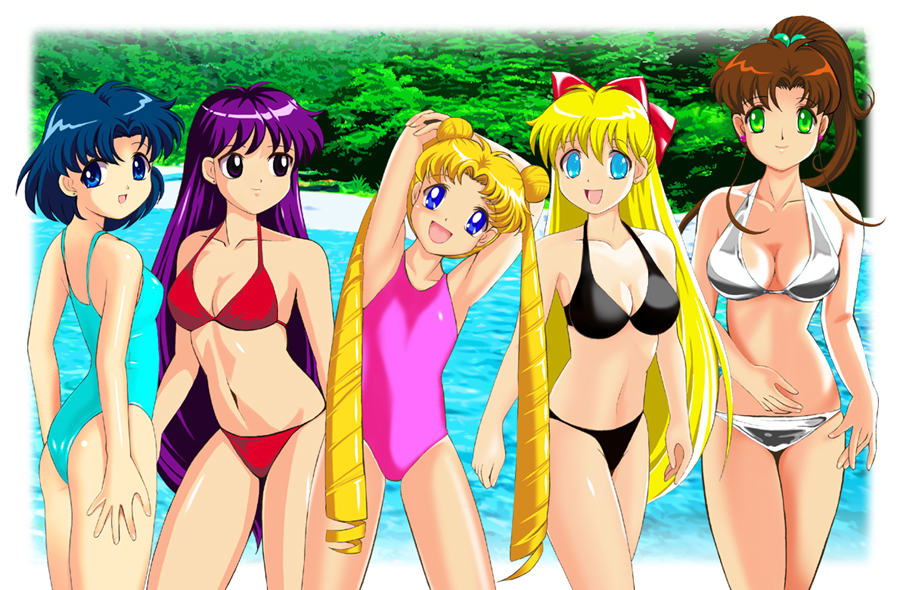 pirochi, aino minako, hino rei, kino makoto, mizuno ami, sailor jupiter, sailor mars, sailor mercury, sailor moon, sailor venus, tsukino usagi, bishoujo senshi sailor moon, 1990s (style), 5girls, armpits, beach, bikini, black bikini, blonde hair, blue eyes, blue hair, blue one-piece swimsuit, bow, breasts, brown hair, cleavage, double bun, drill hair, earrings, green eyes, hair bobbles, hair bow, hair bun, hair ornament, half updo, jewelry, large breasts, long hair, medium breasts, multiple girls, navel, one-piece swimsuit, open mouth, pink one-piece swimsuit, ponytail, purple eyes, purple hair, red bikini, red bow, retro artstyle, shiny skin, short hair, skindentation, small breasts, smile, swimsuit, twintails, water