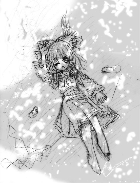 noorrzz, hakurei reimu, touhou, traditional media, 1girl, barefoot, bow, detached sleeves, female focus, full body, gohei, greyscale, hair ribbon, japanese clothes, lying, miko, monochrome, outdoors, ribbon, skirt, solo, squirrel, wink