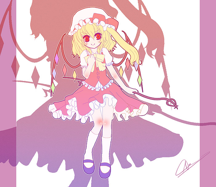 noorrzz, flandre scarlet, touhou, 1girl, blonde hair, dress, female focus, full body, gradient background, hat, hat ribbon, laevatein, mary janes, mob cap, red eyes, ribbon, shadow, shoes, short hair, side ponytail, sketch, socks, solo, white background, wings