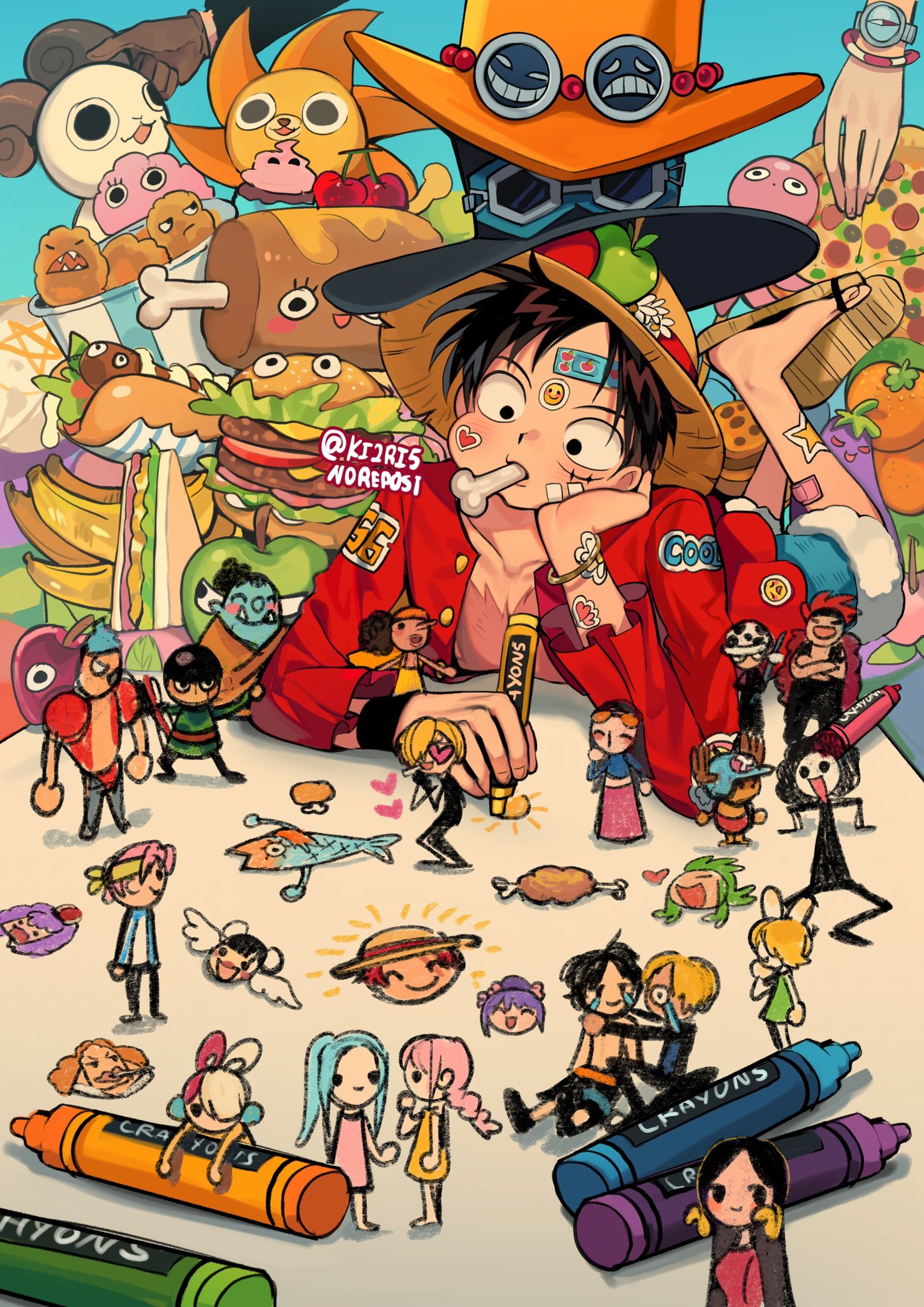 ki2ri5, bartolomeo, boa hancock, bon clay, brook (one piece), carrot (one piece), curly dadan, emporio ivankov, eustass kid, franky (one piece), going merry, jinbe (one piece), koby (one piece), kurozumi tama, monkey d. luffy, nami (one piece), nefertari vivi, nico robin, rebecca (one piece), roronoa zoro, sabo (one piece), sanji (one piece), shanks (one piece), thousand sunny, tony tony chopper, trafalgar law, usopp, uta (one piece), one piece, one piece film: red, hashtag-only commentary, highres, 3boys, ^ ^, banana, black hair, blonde hair, blue background, blue hair, blue shorts, blush stickers, braid, braided ponytail, brown gloves, cherry, cigarette, closed eyes, crossed legs, drawing (action), earrings, eating, food, fruit, gloves, goggles, goggles on headwear, green hair, hair over one eye, hat, head rest, heart, hot dog, jewelry, long hair, mandarin orange, meat, multiple boys, pink hair, pizza, ponytail, purple hair, red hair, red shirt, sandals, sandwich, scar, scar on chest, scar on face, shirt, short hair, shorts, simple background, snake earrings, straw hat, straw hat pirates, stuffed animal, stuffed toy, twitter username