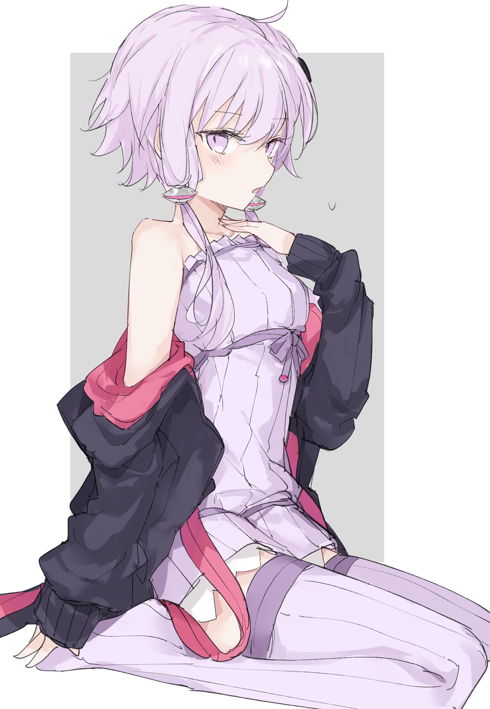 subaritsuku, yuzuki yukari, vocaloid, voiceroid, highres, 1girl, ahoge, arm at side, bare shoulders, black jacket, blush, border, breasts, collarbone, dress, frilled dress, frills, from side, full body, grey background, hair between eyes, hair ornament, hand on floor, hand on own chest, jacket, long hair, long sleeves, looking at viewer, off shoulder, open clothes, open jacket, open mouth, pink jacket, purple dress, purple eyes, purple hair, purple ribbon, purple thighhighs, ribbed dress, ribbed thighhighs, ribbon, short dress, short hair with long locks, sidelocks, sideways glance, simple background, sitting, sleeves past wrists, small breasts, solo, strapless, strapless dress, thighhighs, two-sided fabric, two-sided jacket, white border, zettai ryouiki