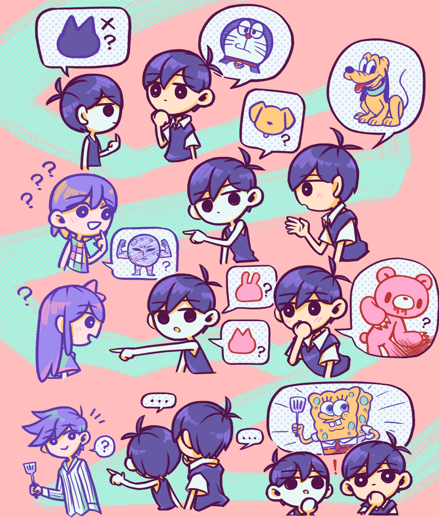 laser-lance, doraemon (character), pluto (disney), pluto (omori), spongebob squarepants, disney, doraemon, omori, spongebob squarepants (series), character request, check character, check copyright, copyright request, highres, !, …, 1girl, 4boys, :>, ?, ??, antenna hair, black eyes, black hair, black tank top, blue shirt, blush, bow, bright pupils, brothers, chibi, chibi only, closed mouth, colored skin, double-parted bangs, dual persona, expressionless, hair between eyes, hair bow, holding, holding spatula, long hair, long sleeves, multiple boys, open mouth, pajamas, parted lips, pink bow, pointing, pointing at another, pointing at self, purple eyes, purple hair, shirt, short hair, short sleeves, siblings, spatula, speech bubble, spoken character, spoken ellipsis, spoken question mark, striped clothes, striped pajamas, tank top, triangle mouth, vertical-striped clothes, vertical-striped pajamas, white pupils, white skin, x (symbol)