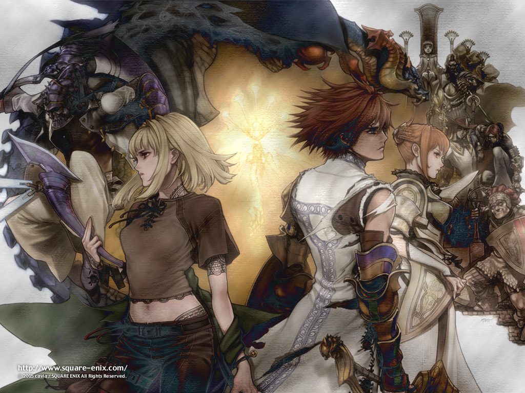 fujisaka kimihiko, eris (drag-on dragoon 2), general gismor, hanch, legna, manah, nowe, seere (drag-on dragoon), urick, yaha (drag-on dragoon 2), zhangpo, drag-on dragoon, drag-on dragoon 2, annotation request, official art, official wallpaper, 00s, 2005, 3girls, 5boys, armor, dated, dragon, midriff, multiple boys, multiple girls, navel, watermark, web address