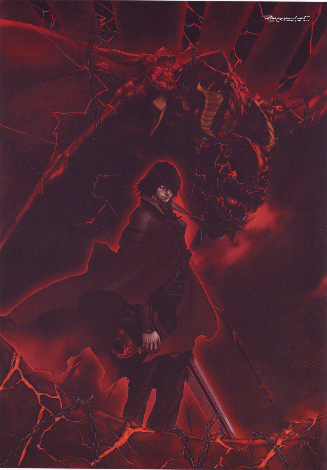 fujisaka kimihiko, angel (drag-on dragoon), caim (drag-on dragoon), drag-on dragoon, drag-on dragoon 2, highres, official art, 1boy, chain, cloak, dragon, male focus, solo, sword, weapon