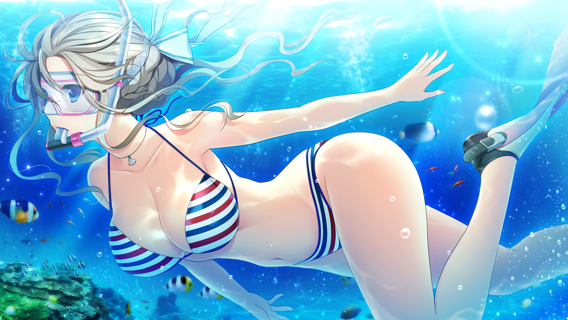 koizumi amane, okihara misa, hoshi ori yume mirai, game cg, highres, 1girl, bikini, blue eyes, breasts, brown hair, cleavage, fish, flippers, from side, goggles, hair ribbon, holding breath, jewelry, large breasts, leg up, long hair, navel, necklace, ribbon, shell, shell necklace, snorkel in mouth, solo, striped bikini, striped clothes, submerged, swimming, swimsuit, underwater