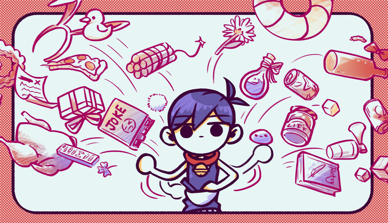 laser-lance, hector (omori), omori (omori), omori, 1boy, airhorn, antenna hair, bell, black eyes, black hair, black tank top, book, bottle, box, can, chibi, chibi only, colored skin, controller, double-parted bangs, dynamite, explosive, flower, food, gift, gift box, hair between eyes, jar, lifebuoy, male focus, neck bell, paper, pet rock, pizza, pizza slice, remote control, short hair, solo, swim ring, tank top, turkey (food), white skin