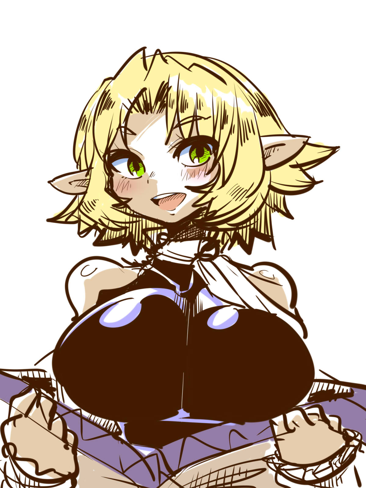 itini-sanshi, joker (cookie), mizuhashi parsee, cookie (touhou), touhou, commentary request, highres, 1girl, black shirt, blonde hair, blush, breasts, green eyes, large breasts, looking at viewer, open mouth, pointy ears, scarf, shirt, short hair, simple background, sleeveless, sleeveless shirt, smile, solo, undershirt, upper body, white background, white scarf