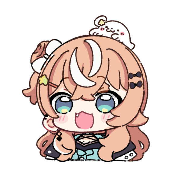 nozo (hitomiz), igarashi rika, igarashi rika (1st costume), nijisanji, commentary, 1girl, :d, animal, animal on head, black bow, blue dress, blue eyes, blush stickers, bow, brown hair, brown jacket, chibi, cropped torso, dress, fang, hair bow, hair bun, hair ornament, hairclip, jacket, long hair, looking at viewer, multicolored hair, on head, one side up, open clothes, open jacket, open mouth, seal (animal), simple background, single side bun, smile, solo, star (symbol), star hair ornament, streaked hair, upper body, virtual youtuber, white background, white bow, white hair