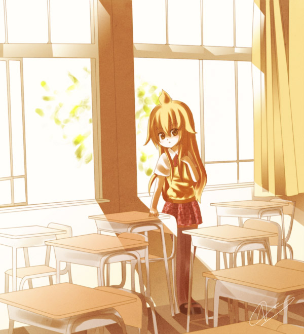 noorrzz, minami chiaki, minami-ke, 00s, ahoge, brown eyes, brown hair, desk, plaid clothes, plaid skirt, school uniform, serafuku, skirt, thighhighs, zettai ryouiki