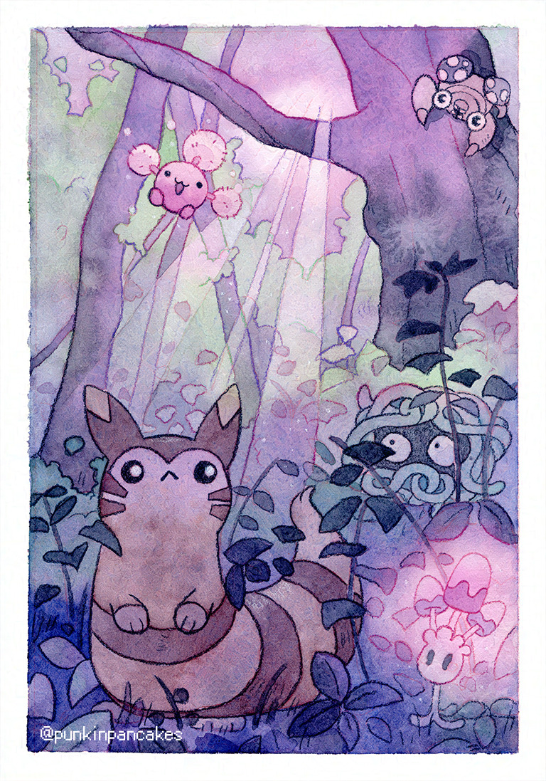 furret, jumpluff, morelull, paras, tangela, nintendo, pokemon, painting (medium), traditional media, watercolor (medium), alternate color, artist name, border, brown fur, forest, gen 1 pokemon, gen 2 pokemon, gen 7 pokemon, looking at viewer, nature, no humans, outdoors, outside border, pokemon (creature), punkinpancakess, shiny pokemon, tree, white border
