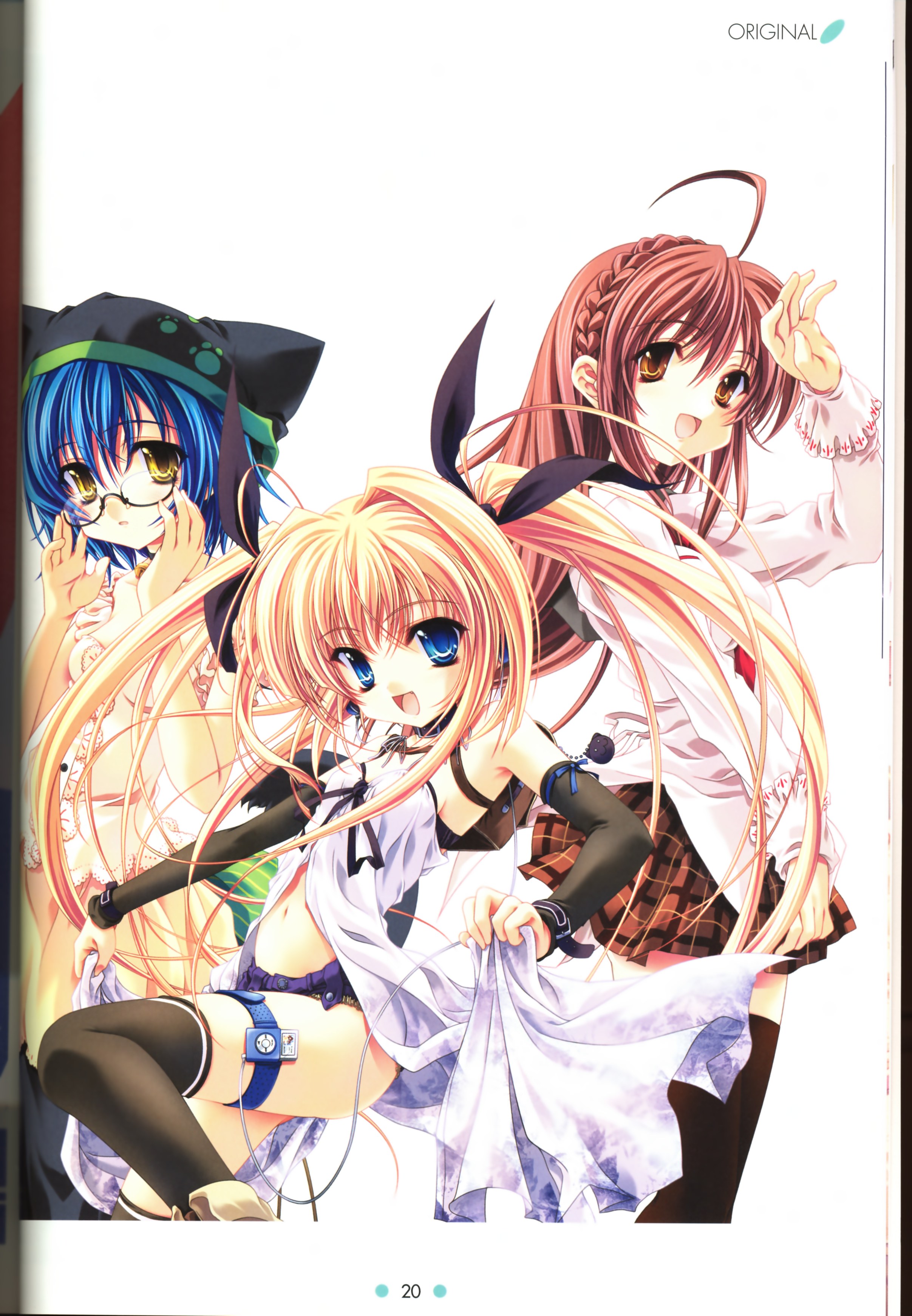 miyama-zero, absurdres, highres, 3girls, bell, blonde hair, blue eyes, blue hair, long hair, multiple girls, red hair, short hair, twintails, very long hair