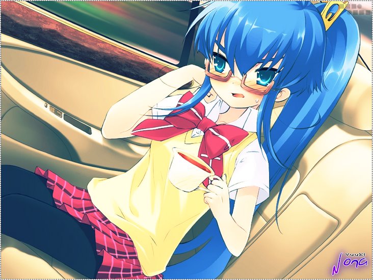 yuuki nona, nanatsuiro drops, 00s, angry, blue eyes, blue hair, blush, car, car interior, glasses, long hair, motor vehicle, pantyhose, ponytail, school uniform, serafuku, tea, very long hair