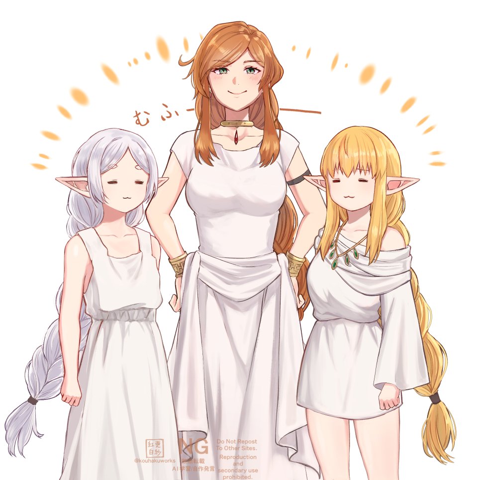 sarasa kouhaku, flamme (sousou no frieren), frieren, serie (sousou no frieren), sousou no frieren, 3girls, blonde hair, blush, braid, breasts, brown hair, closed mouth, dress, elf, gem, green gemstone, grey hair, jewelry, large breasts, long hair, looking at viewer, multiple girls, necklace, orange hair, pointy ears, red hair, robe, simple background, single braid, sleeveless, sleeveless dress, smile, very long hair, white background, white dress, white hair, white robe