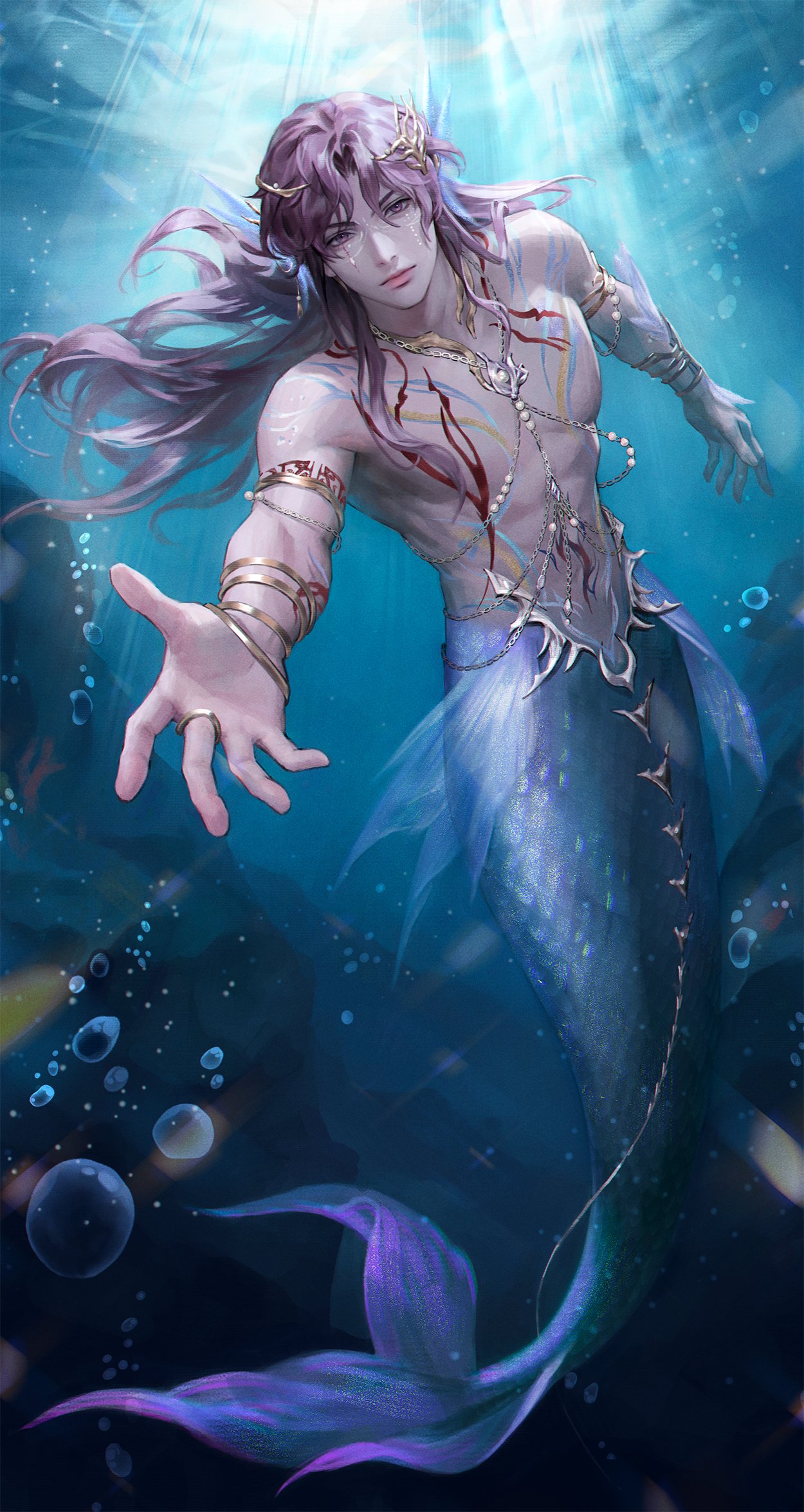 jiyub, rafayel (love and deepspace), love and deepspace, highres, 1boy, air bubble, body markings, bubble, fins, fish tail, full body, gold, gold ring, hair between eyes, long hair, looking at viewer, male focus, merman, monster boy, official alternate costume, official alternate hair length, official alternate hairstyle, outstretched arm, parted bangs, purple hair, solo, tail, topless male, underwater