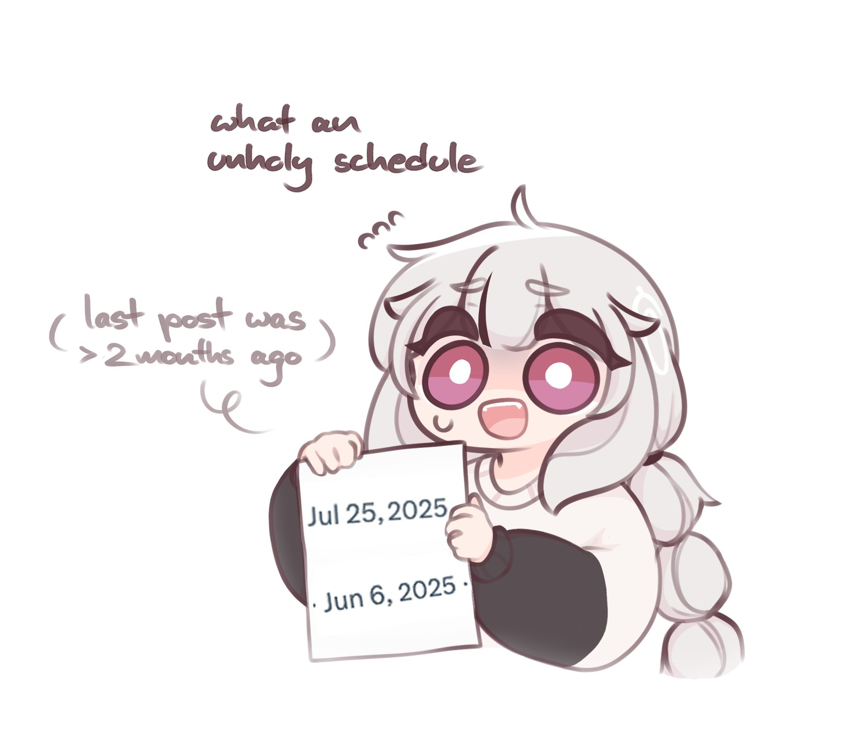 chonkyorca, orca (chonkyorca), original, commentary, highres, symbol-only commentary, 1girl, :d, artist self-insert, braid, cropped torso, english text, fangs, flying sweatdrops, grey hair, holding, long hair, long sleeves, looking at viewer, low twintails, nervous smile, open mouth, puffy long sleeves, puffy sleeves, purple eyes, shirt, simple background, sleeves past wrists, small sweatdrop, smile, solo, sweat, thick eyebrows, twin braids, twintails, upper body, very long hair, white background, white shirt