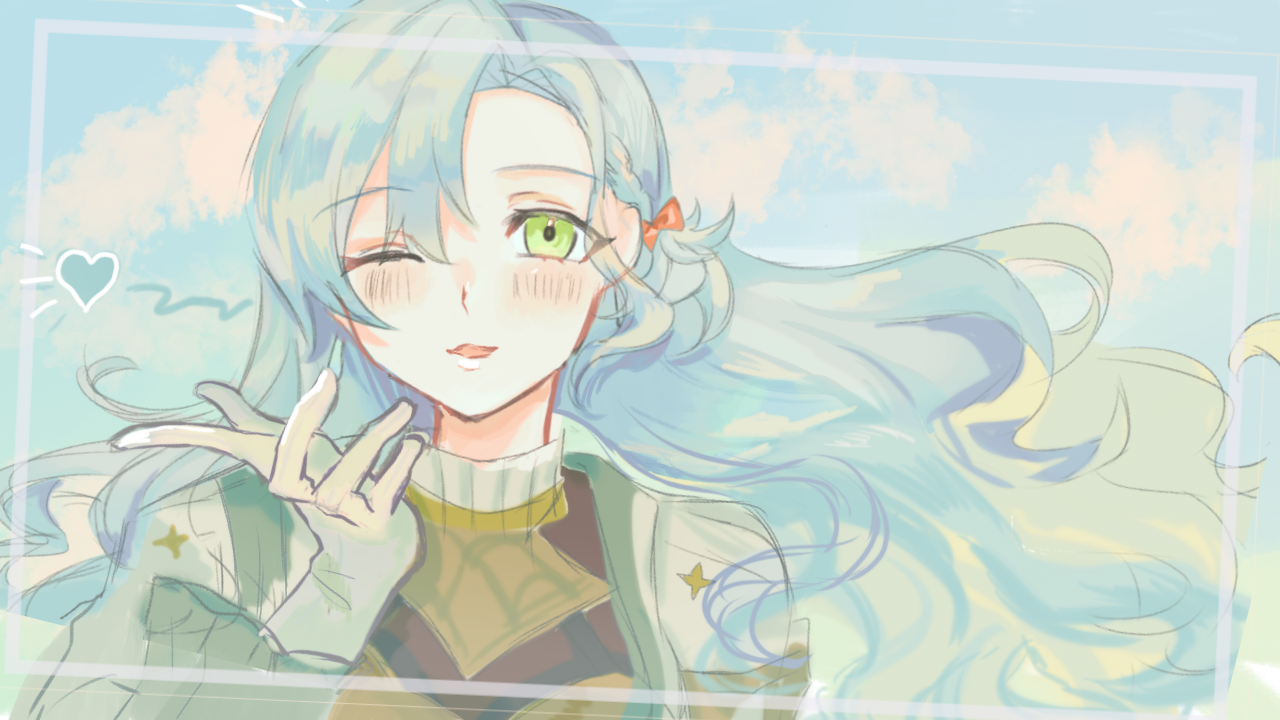 chloe (fire emblem), fire emblem, fire emblem engage, nintendo, commentary request, 1girl, alternate costume, aqua hair, bow, braid, earrings, green eyes, jewelry, looking at viewer, ma-wata, orange bow, side braid, solo, teardrop earrings