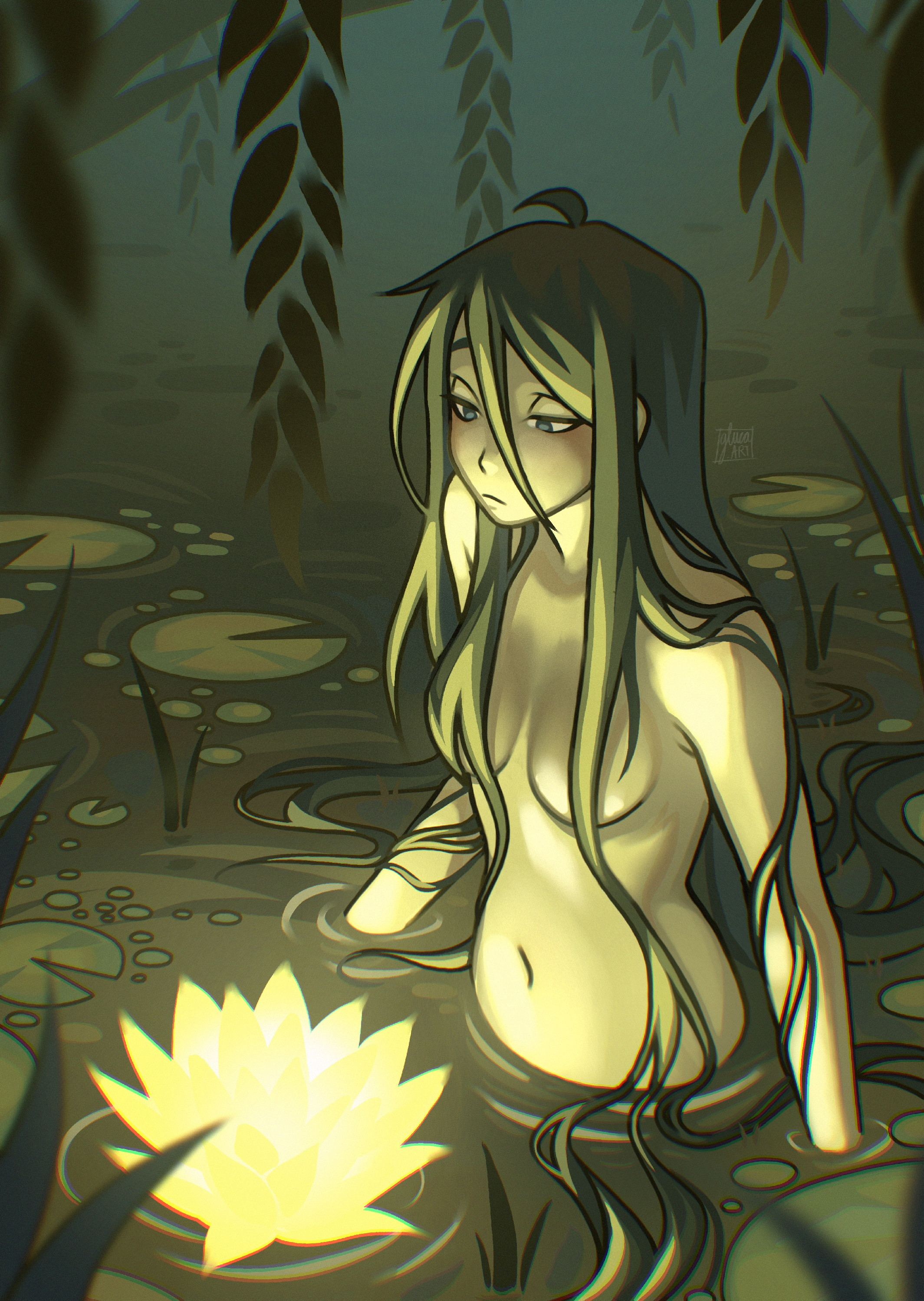 original, absurdres, commentary, english commentary, highres, 1girl, ahoge, blue eyes, breasts, cleavage, closed mouth, convenient censoring, frown, gluca, green hair, hair between eyes, hair censor, hair over breasts, lily pad, long hair, medium breasts, nature, navel, nude, partially submerged, small breasts, solo, very long hair, wading, water, wetland