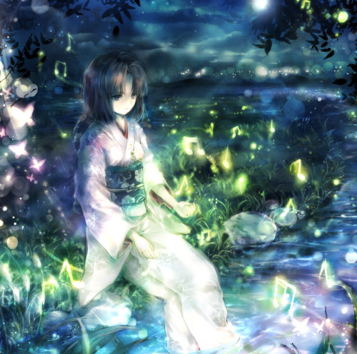 onineko, ryougi shiki, kara no kyoukai, lowres, 1girl, beamed quavers, black hair, bug, butterfly, female focus, insect, japanese clothes, kimono, musical note, quaver, short hair, sitting, soaking feet, solo, water