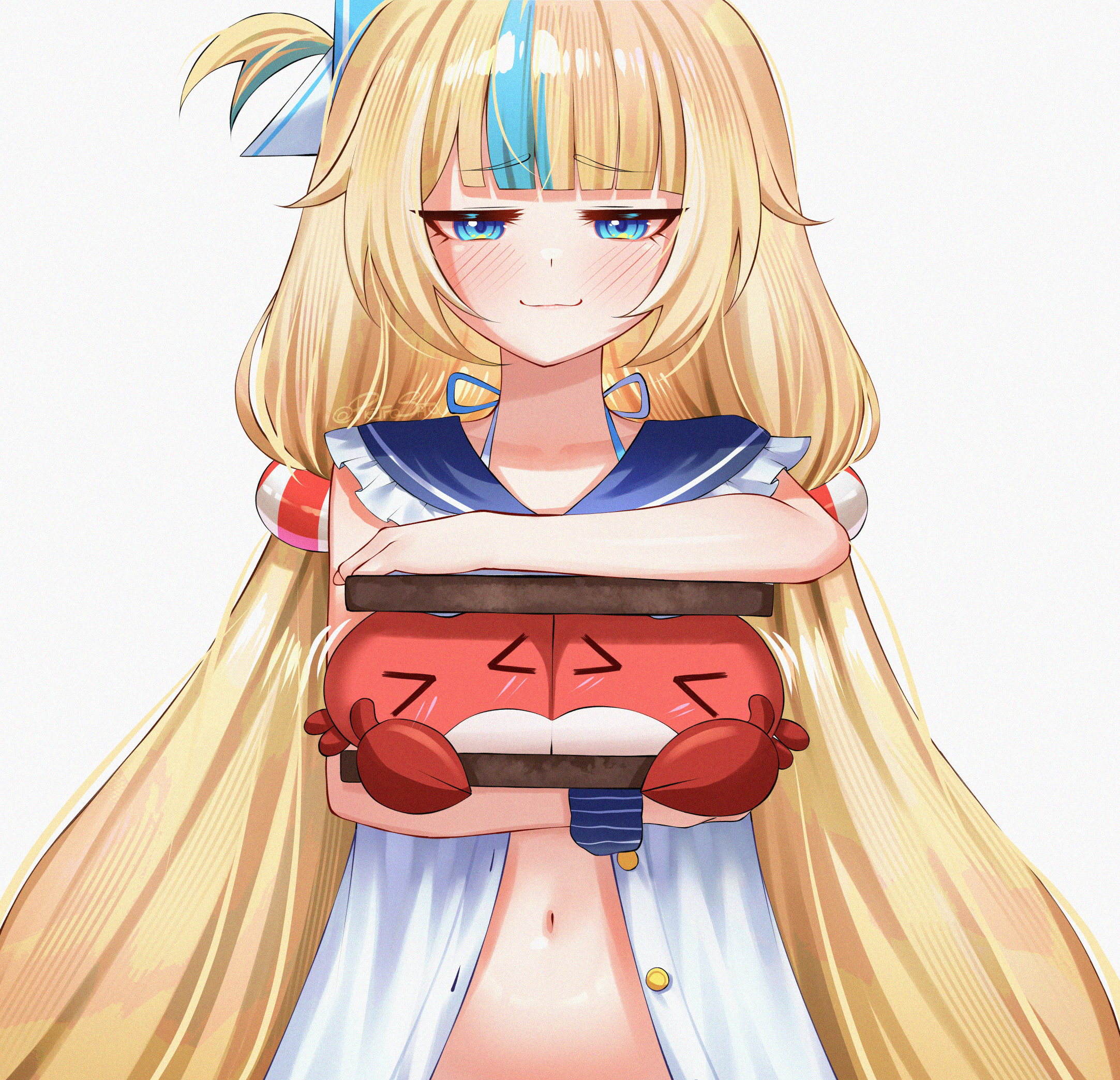 pietrosatou, kaniki (sameko saba), sameko saba, indie virtual youtuber, commentary, highres, symbol-only commentary, > <, 1girl, :3, blonde hair, blue eyes, blue streaks, closed mouth, dress, lifebuoy hair ornament, long hair, looking at viewer, meme, navel, one side up, open clothes, open dress, sailor dress, shioreos (meme), simple background, very long hair, virtual youtuber, white background, white dress