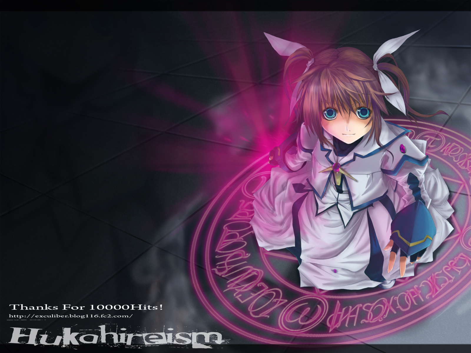 hukahire, takamachi nanoha, takamachi nanoha (movie 1st mode), lyrical nanoha, mahou shoujo lyrical nanoha, mahou shoujo lyrical nanoha the movie 1st, uniform, highres, 10s, 1girl, artist name, blue eyes, brown hair, evil smile, female focus, fingerless gloves, gloves, long sleeves, looking at viewer, magic circle, magical girl, milestone celebration, purple eyes, red hair, smile, solo, thank you, twintails, watermark, web address, white devil