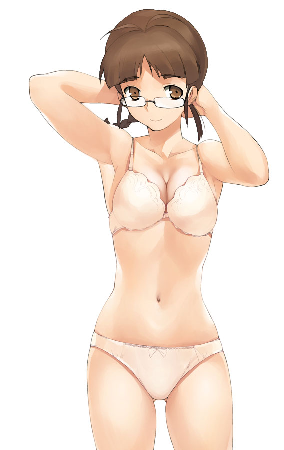 a1 (initial-g), akizuki ritsuko, idolmaster, idolmaster (classic), idolmaster 1, 00s, 1girl, bra, braid, breasts, brown eyes, brown hair, cleavage, female focus, glasses, lingerie, panties, solo, underwear, underwear only
