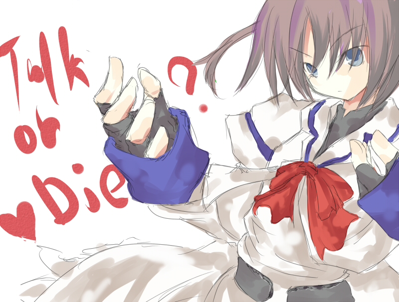 takamachi nanoha, lyrical nanoha, mahou shoujo lyrical nanoha, 00s, 1girl, ?, bow, english text, female focus, fighting stance, fingerless gloves, gloves, heart, magical girl, red bow, school uniform, serafuku, solo, twintails, white devil