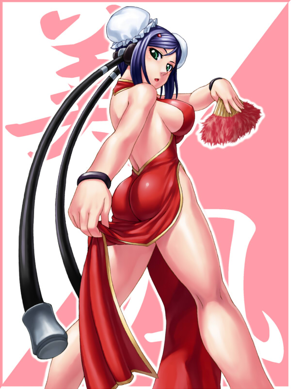 misao (kami no misoshiru), mei-fang, aq interactive, arcana heart, atlus, examu, 1girl, ass, blue hair, breasts, bun cover, china dress, chinese clothes, cleavage, double bun, dress, fang, female focus, green eyes, hair bun, large breasts, looking back, side slit, sideboob, solo