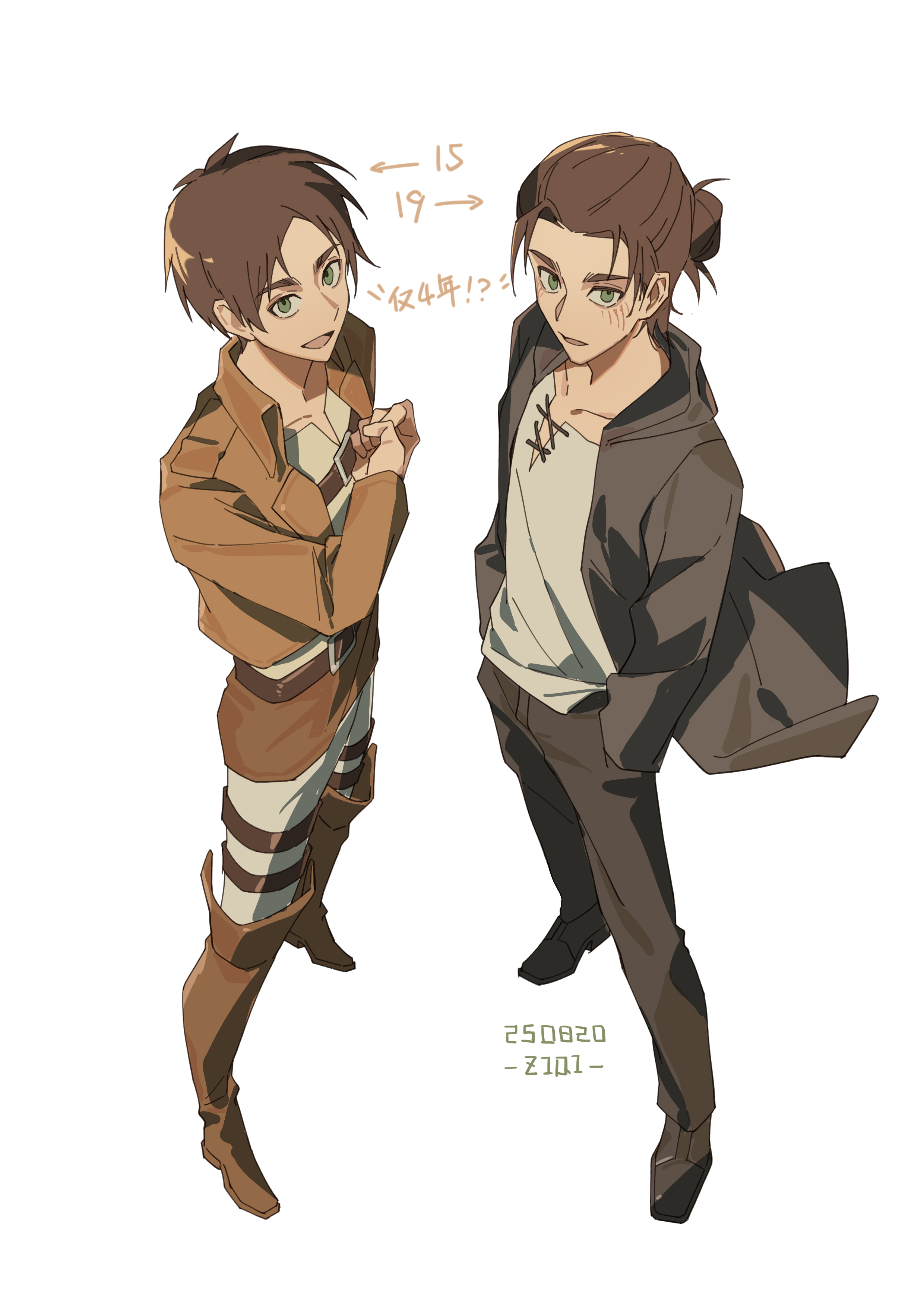 zest (kumolyy), eren yeager, shingeki no kyojin, absurdres, highres, 2boys, age comparison, age difference, black jacket, black pants, black shoes, boots, brown boots, brown hair, brown jacket, cropped jacket, dated, facial mark, green eyes, hair bun, hand on own chest, hands in pockets, hood, hooded jacket, jacket, male focus, medium hair, military jacket, multiple boys, open mouth, pants, parted bangs, parted lips, shirt, shoes, short hair, smile, white background, white pants, white shirt