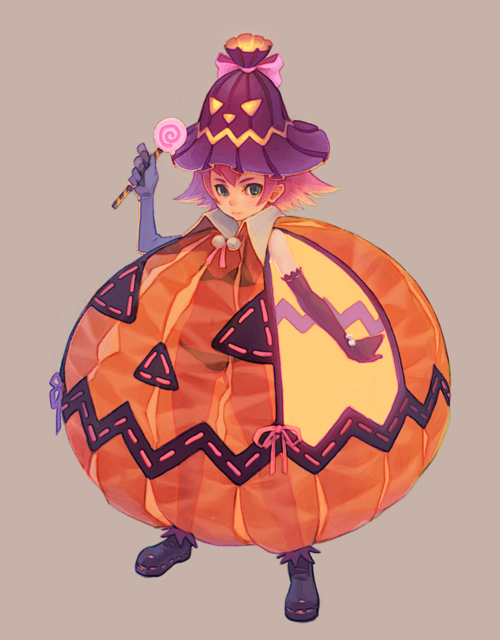 weno, original, 1girl, blue eyes, candy, female focus, food, food-themed clothes, halloween, jack-o'-lantern, lollipop, pumpkin, pumpkin costume, pumpkin hat, red hair, see-through clothes, simple background, solo, swirl lollipop
