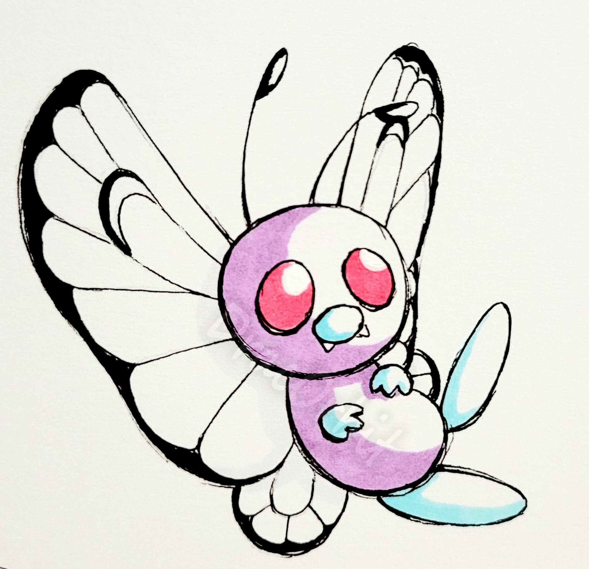 butterfree, nintendo, pokemon, highres, antennae, artist name, butterfly wings, dracorbit, gen 1 pokemon, insect wings, looking at viewer, no humans, pokemon (creature), simple background, solo, watermark, white background, wings