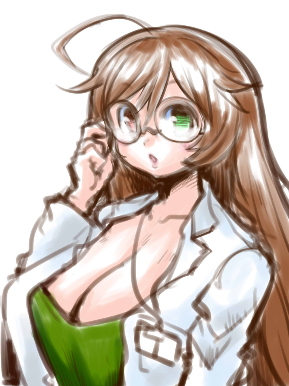 itini-sanshi, suiseiseki, rozen maiden, commentary request, highres, 1girl, adjusting eyewear, ahoge, alternate breast size (larger), alternate costume, bespectacled, black-framed eyewear, breasts, brown hair, cleavage, coat, glasses, green eyes, green shirt, heterochromia, lab coat, large breasts, long hair, looking at viewer, open clothes, open coat, open mouth, red eyes, round eyewear, shirt, simple background, solo, upper body, white background