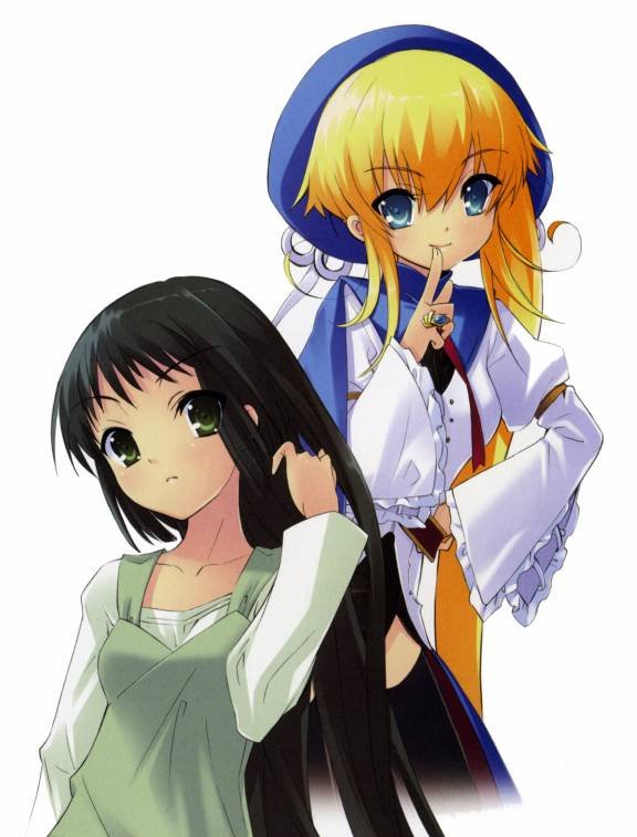 ito noizi, prima aspallas, yaeno nadeshiko, nanatsuiro drops, official art, 00s, 2girls, adjusting hair, armband, beret, black hair, blonde hair, blue eyes, cape, finger to mouth, flat chest, frills, frown, green eyes, hand on own hip, hat, jewelry, long hair, multiple girls, ponytail, ribbon, ring, side ponytail, simple background, smile, turtleneck, very long hair