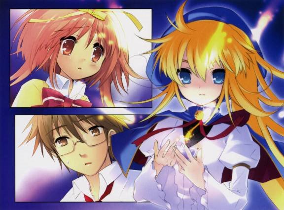 akihime sumomo, prima aspallas, tsuwabuki masaharu, nanatsuiro drops, 00s, blonde hair, blue eyes, brown eyes, brown hair, hat, long hair, red eyes, red hair, ribbon, serious, short hair