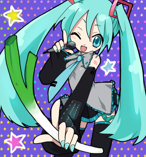 kyun (kana1), hatsune miku, vocaloid, bad id, bad pixiv id, 1girl, blue eyes, blue hair, blue nails, detached sleeves, female focus, long hair, matching hair/eyes, microphone, nail polish, necktie, one eye closed, ribbon, skirt, solo, spring onion, star (symbol), thighhighs, twintails, wink