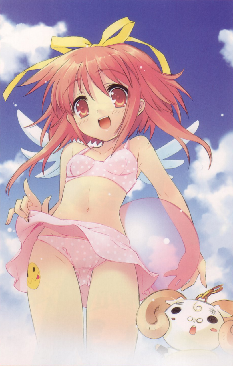 ito noizi, akihime sumomo, yuki-chan, nanatsuiro drops, highres, 00s, 1girl, ball, bikini, blush, cloud, day, female focus, glasses, pink bikini, polka dot, polka dot bikini, polka dot swimsuit, red eyes, red hair, ribbon, sky, smile, solo, swimsuit, wings
