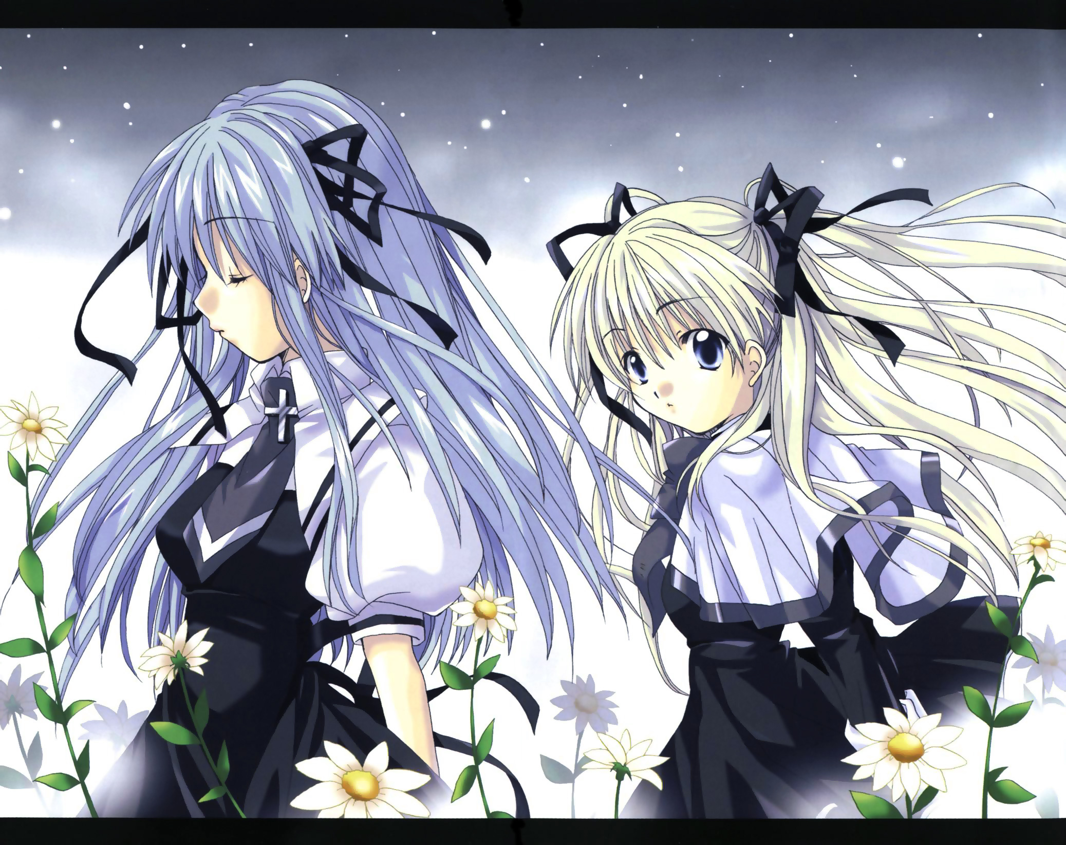 sawatari makoto, toono minagi, air (visual novel), kanon, highres, 00s, 2girls, blonde hair, blue eyes, blue hair, closed eyes, flower, long hair, multiple girls, ribbon, school uniform, serafuku, snow
