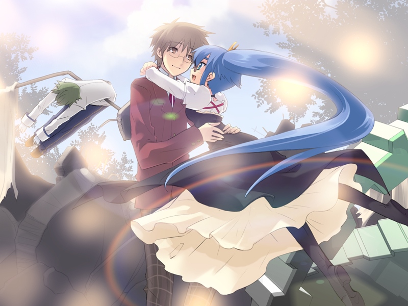 ito noizi, arthur matsuda, tsuwabuki masaharu, yuuki nona, nanatsuiro drops, plaid, game cg, 00s, 1boy, 1girl, :d, blue eyes, blue hair, boots, brown eyes, brown hair, cloud, couple, dress, eye contact, glasses, green hair, hair ornament, hairclip, hetero, hug, lens flare, lolita fashion, long hair, looking at another, nature, necktie, open mouth, outdoors, ponytail, profile, rainbow, school uniform, short hair, side ponytail, sky, smile, spiked hair, tree, very long hair