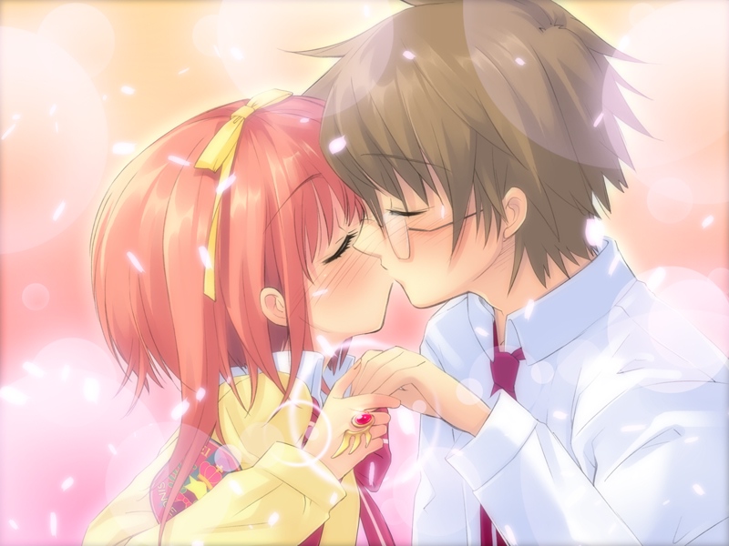 ito noizi, akihime sumomo, tsuwabuki masaharu, nanatsuiro drops, game cg, 00s, 1boy, 1girl, blush, bow, brown hair, cherry blossoms, close-up, closed eyes, couple, flat chest, glasses, glowing, hair bow, hetero, holding hands, jewelry, kiss, necktie, petals, pink hair, red hair, ribbon, ring, school uniform, serafuku, short hair, spiked hair, sweater, twintails