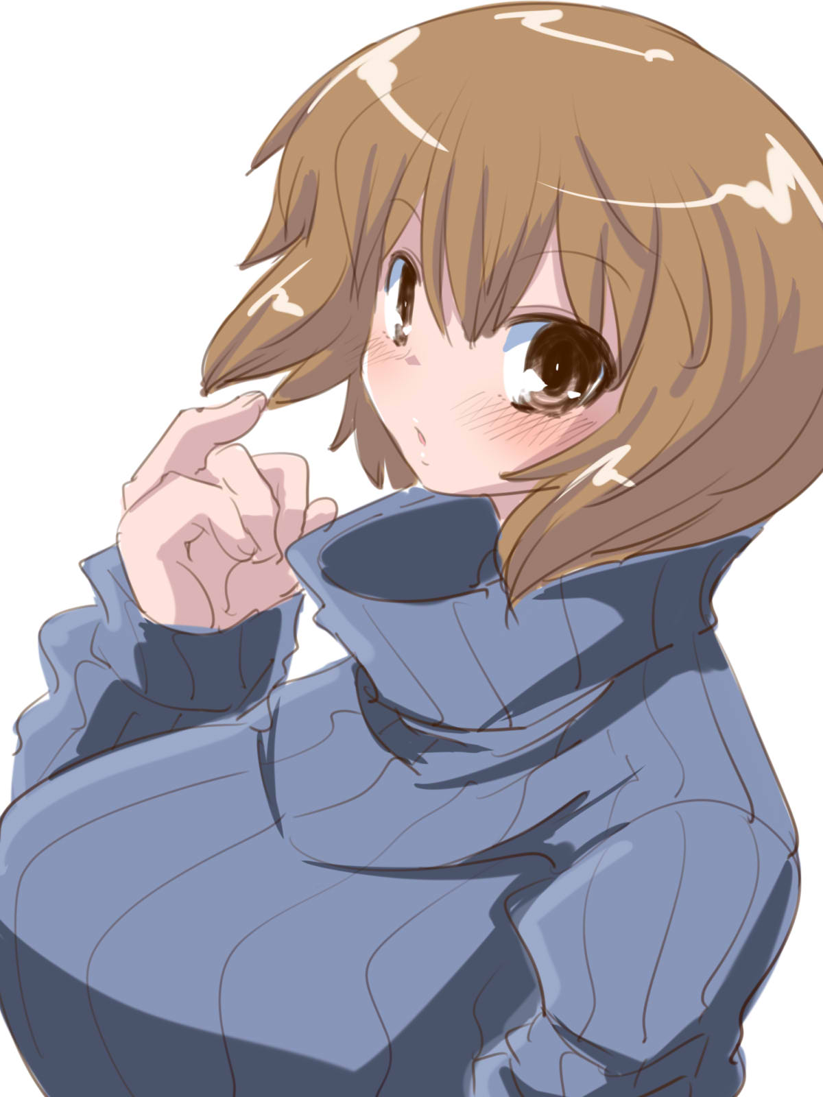 itini-sanshi, original, commentary request, highres, 1girl, breasts, brown eyes, brown hair, hand up, large breasts, long sleeves, looking at viewer, ribbed sweater, short hair, simple background, solo, sweater, turtleneck, turtleneck sweater, upper body, white background