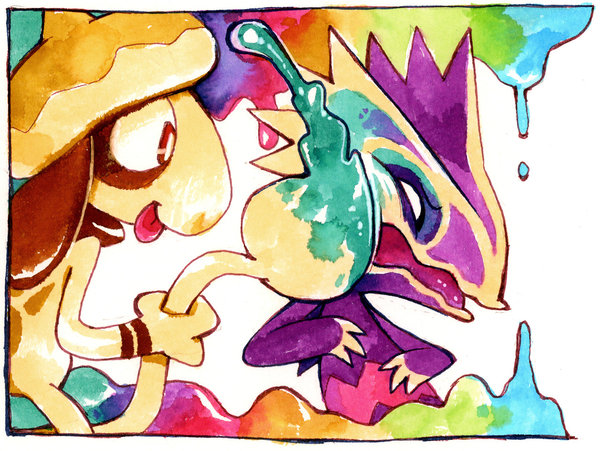 glitchedpuppet, purple kecleon, kecleon, smeargle, nintendo, pokemon, pokemon mystery dungeon, commentary, english commentary, border, gen 2 pokemon, gen 3 pokemon, holding own tail, no humans, official alternate color, open mouth, paint, painting (action), pokemon (creature), pokemon focus, smile, tail, tongue, tongue out, white border