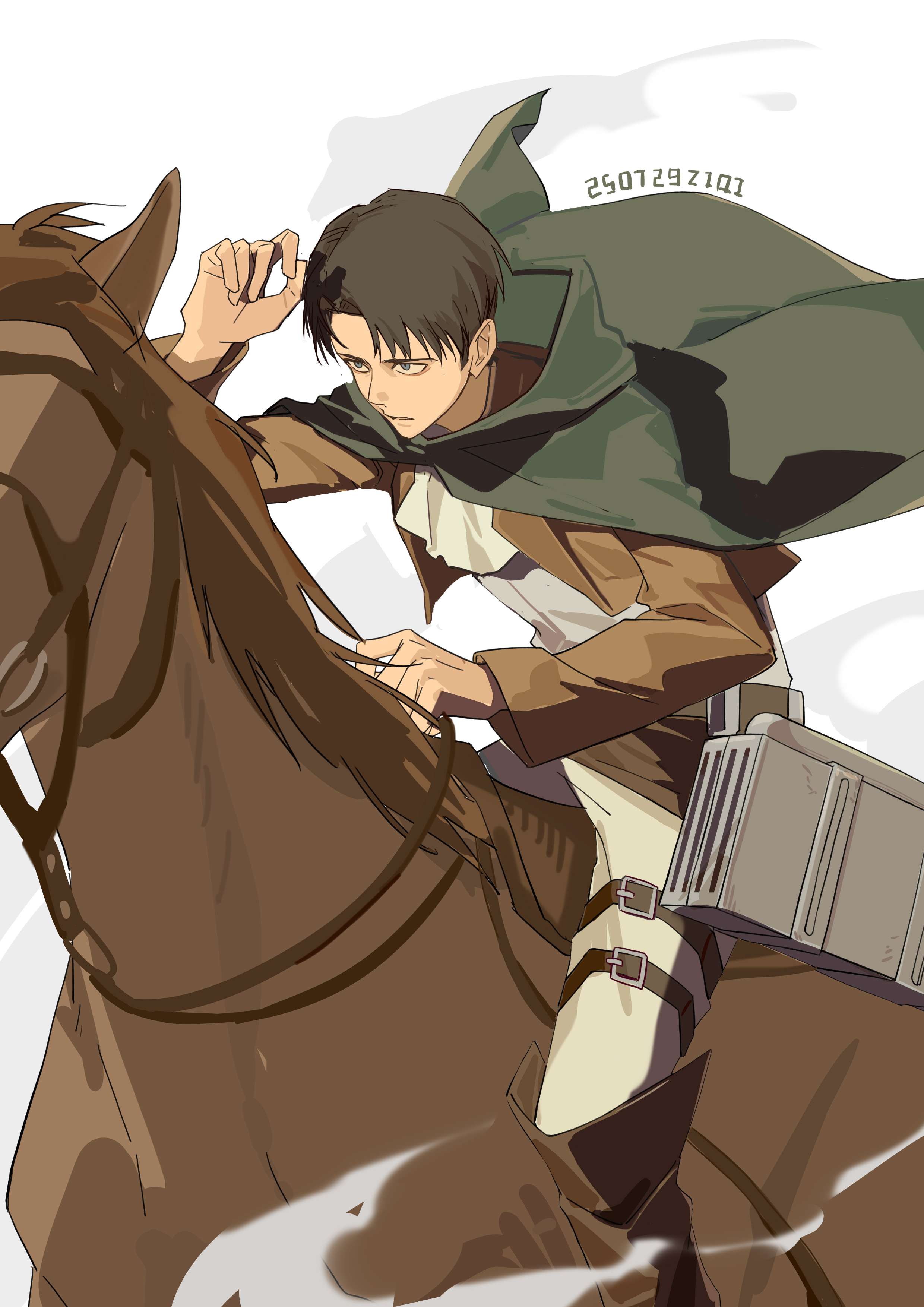 zest (kumolyy), levi (shingeki no kyojin), shingeki no kyojin, absurdres, highres, 1boy, ascot, black hair, boots, brown boots, brown jacket, cloak, cropped jacket, dated, green cloak, holding, holding reins, horseback riding, jacket, knee boots, male focus, pants, parted bangs, reins, riding, shirt, short hair, solo, white ascot, white background, white pants, white shirt