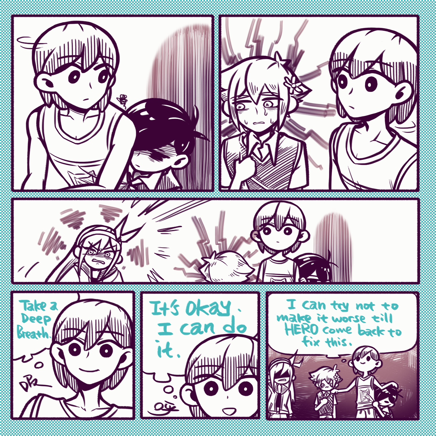 laser-lance, aubrey (faraway) (omori), aubrey (omori), basil (faraway) (omori), basil (omori), kel (faraway) (omori), kel (omori), sunny (omori), omori, highres, 1girl, 3boys, antenna hair, blue background, bright pupils, closed mouth, collarbone, collared shirt, double-parted bangs, english text, flower, greyscale with colored background, hair between eyes, hair flower, hair ornament, hairband, hand on another's head, hand on another's shoulder, long hair, looking at another, multiple boys, nervous sweating, open mouth, parted lips, scene reference, shaded face, shirt, short hair, shorts, sidelocks, smile, speech bubble, sweat, sweater vest, thought bubble, typo