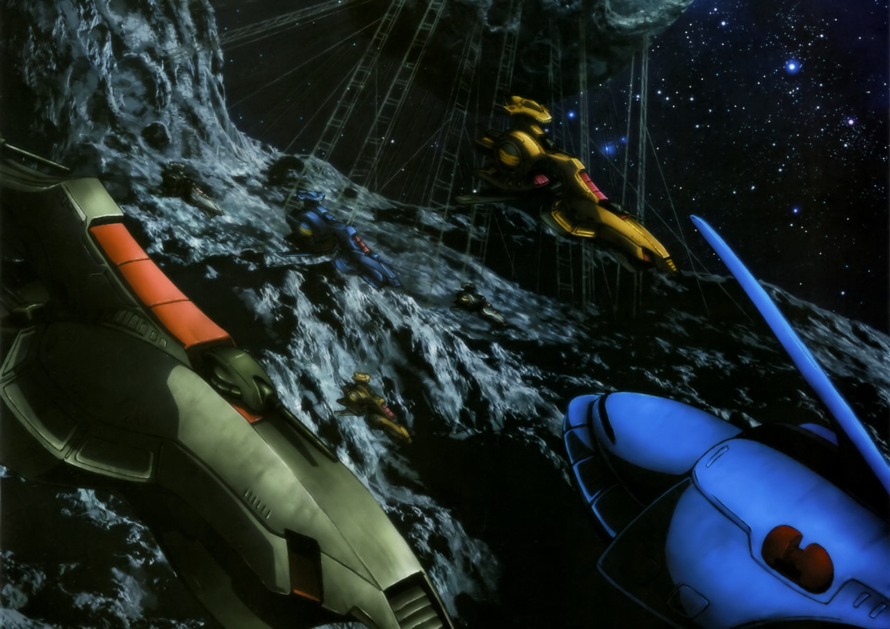 gundam, gundam zz, artist request, scan, traditional media, 1990s (style), beam cannon, cable, debris, energy gun, fleet, gundam perfect file, neo zeon, no humans, realistic, retro artstyle, scene reference, science fiction, ship turret, space, spacecraft, star (sky), weapon
