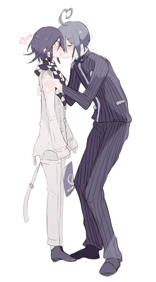 sakura (fein5862817), oma kokichi, saihara shuichi, danganronpa (series), danganronpa v3: killing harmony, commentary request, 2boys, ahoge, antenna hair, arm belt, belt, belt buckle, black jacket, black pants, black sclera, black shoes, breast pocket, buckle, buttons, checkered clothes, checkered scarf, closed eyes, collared jacket, colored sclera, dress shoes, dropping, expressive hair, face-to-face, full body, grey hair, hair between eyes, hands on another's shoulders, heart antenna hair, height difference, high collar, jacket, kiss, layered sleeves, long hair between eyes, long sleeves, looking at another, male focus, multiple belts, multiple boys, nervous, notice lines, open belt, pants, pinstripe jacket, pinstripe pants, pinstripe pattern, pocket, purple eyes, purple hair, scarf, shoes, short hair, simple background, sleeves past wrists, squatting, standing, tablet pc, thigh belt, thigh strap, two-tone scarf, undershirt, white background, white belt, white jacket, white pants, white scarf, wrist belt, yaoi