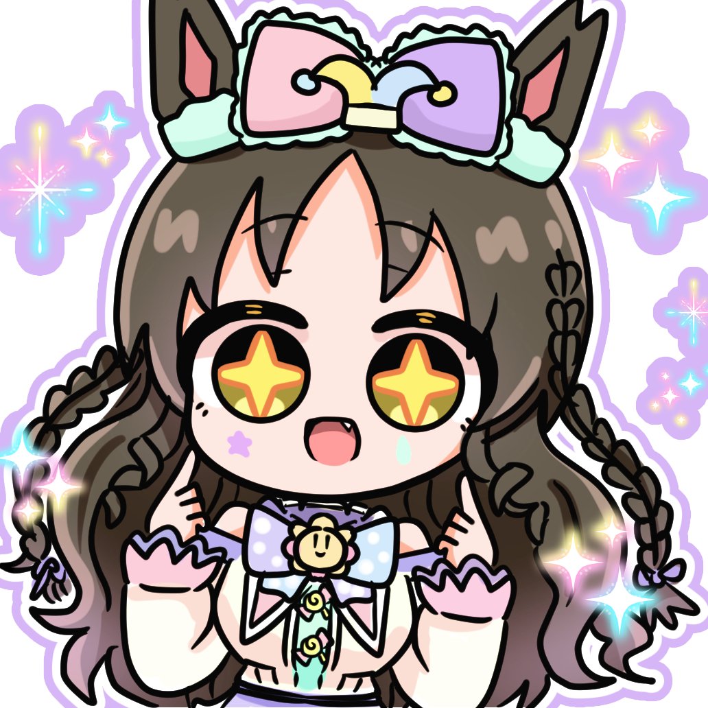 pero (umauma unyaunya), marvelous sunday (umamusume), umamusume, + +, 1girl, animal ears, black hair, bow, bow hairband, braid, breasts, brown hair, chibi, clothing cutout, facial mark, fang, hair ornament, hairband, horse ears, horse girl, large breasts, long hair, long sleeves, looking at viewer, marvelous sunday (trick ribbonetta) (umamusume), official alternate costume, open mouth, shirt, shoulder cutout, smile, solo, star (symbol), star facial mark, star in eye, symbol in eye, upper body, white shirt, yellow eyes