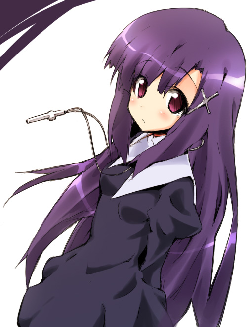 aikei, zange, kannagi, 00s, 1girl, blush, cross, dress, female focus, hair ornament, hairclip, jewelry, long hair, necklace, nun, pink eyes, purple hair, solo, traditional nun, very long hair