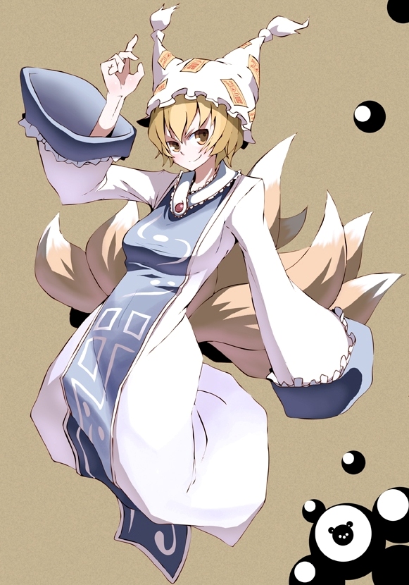 kasuga ayumu (artist), kasuga ayumu (haruhipo), yakumo ran, touhou, bad id, bad pixiv id, 1girl, animal hat, blonde hair, female focus, fox tail, hat, kitsune, kyuubi, long sleeves, mob cap, multiple tails, short hair, solo, surcoat, tail, tassel, wide sleeves, yellow eyes
