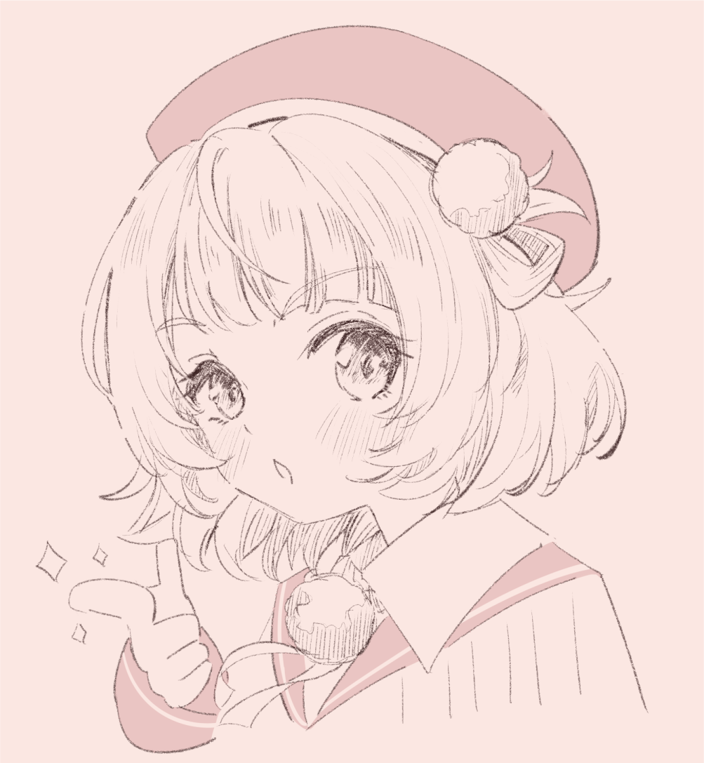 naegi (naegidokoro), shigure ui (vtuber), indie virtual youtuber, 1girl, beret, blush, brown background, brown theme, collared shirt, cropped torso, hand up, hat, jacket, looking at viewer, parted lips, pointing, pointing at viewer, sailor collar, shirt, simple background, solo, sparkle, upper body, virtual youtuber