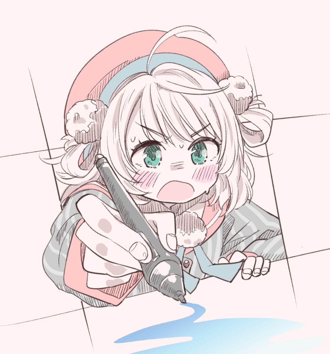naegi (naegidokoro), shigure ui (vtuber), shigure ui (vtuber) (1st costume), indie virtual youtuber, 1girl, ahoge, beret, blush stickers, green eyes, grey jacket, hair rings, hat, holding, holding stylus, jacket, long sleeves, open mouth, pinstripe jacket, pinstripe pattern, red hat, shirt, solo, stylus, v-shaped eyebrows, virtual youtuber, white shirt